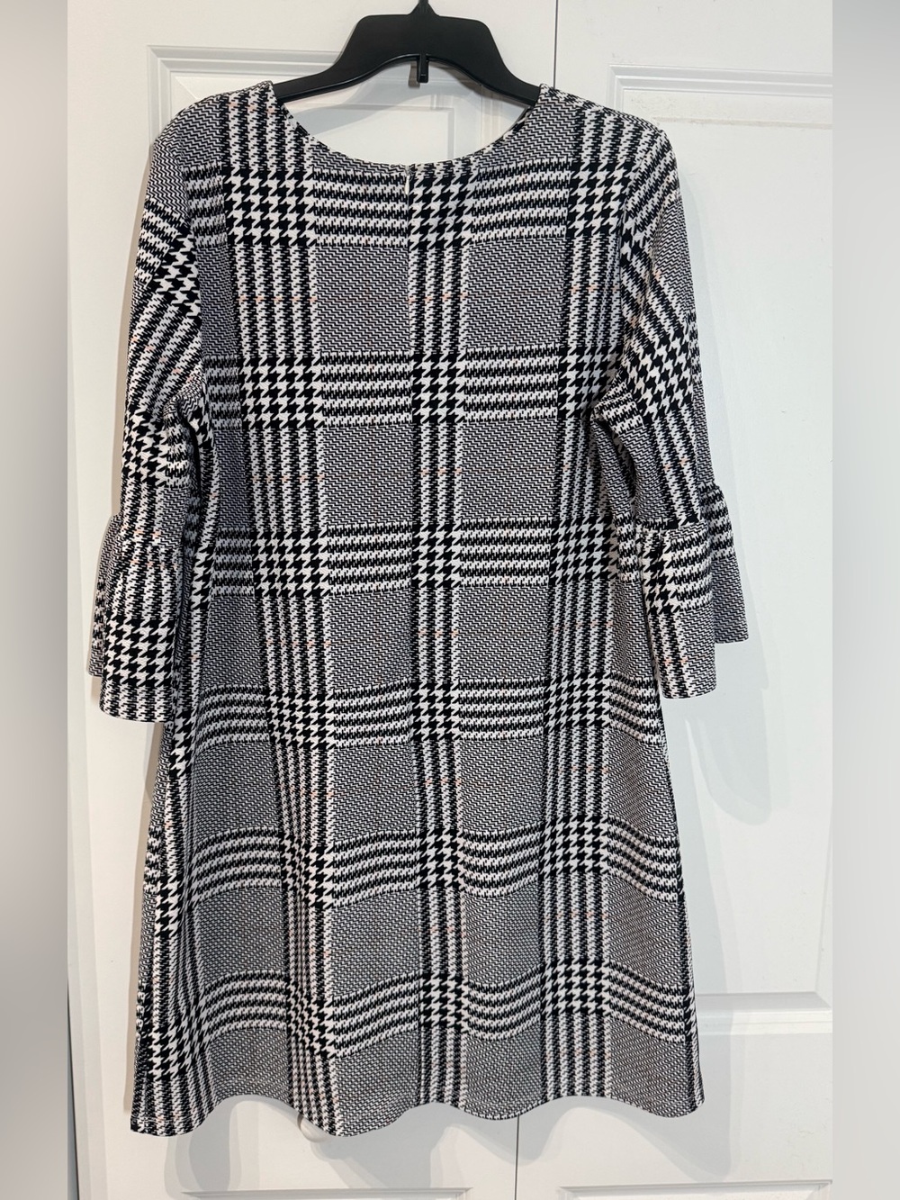 Black and White Plaid Midi Dress with Fluted Sleeves